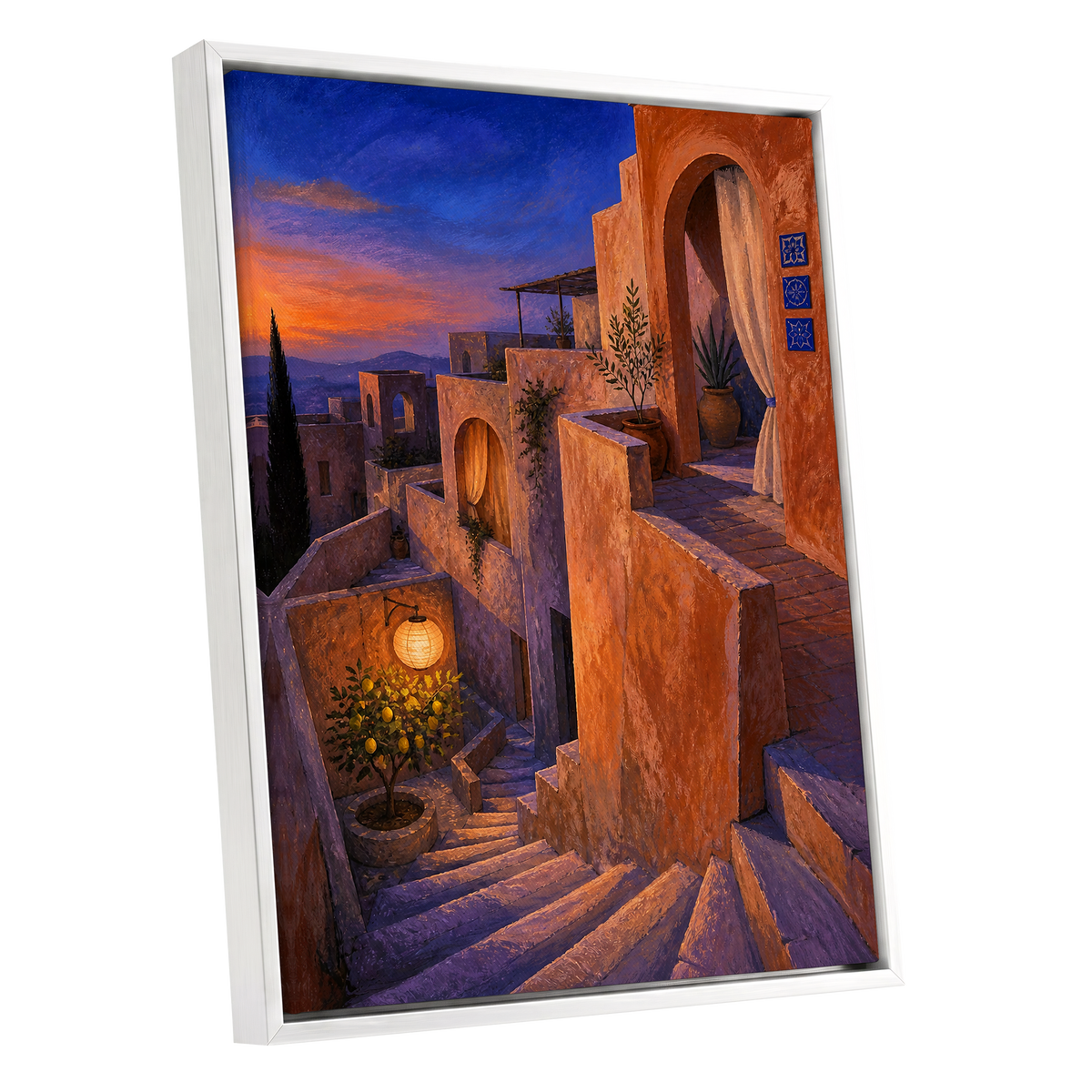 Amber Twilight Steps, orange, blue, purple abstract wall art shown as a white framed canvas wall art