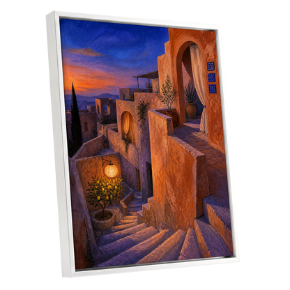 Amber Twilight Steps, orange, blue, purple abstract wall art shown as a white framed canvas wall art