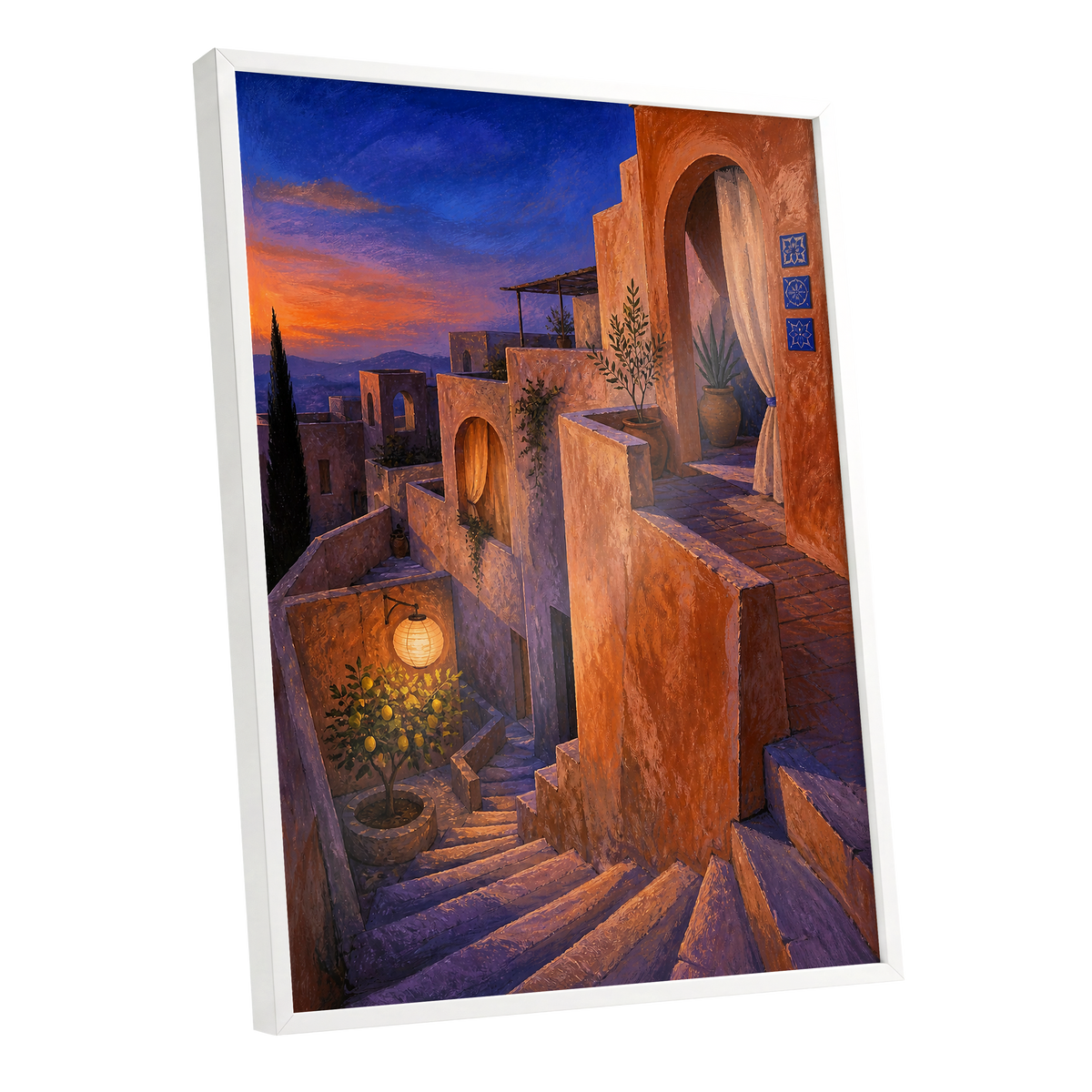 Amber Twilight Steps, orange, blue, purple abstract wall art shown as a white framed poster wall art print