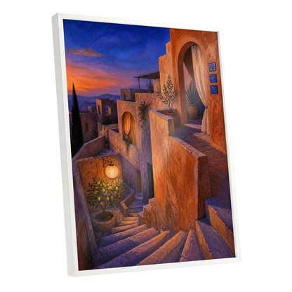 Amber Twilight Steps, orange, blue, purple abstract wall art shown as a white framed poster wall art print