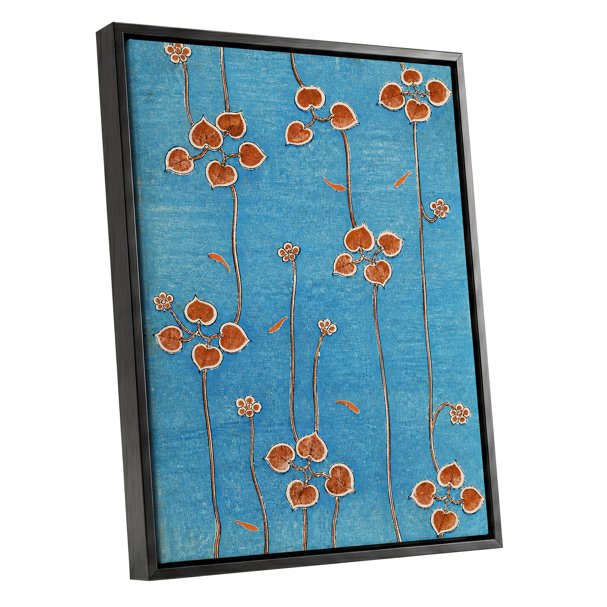 Amber Vine Reverie, blue, orange, brown floral wall art shown as a black framed canvas wall art