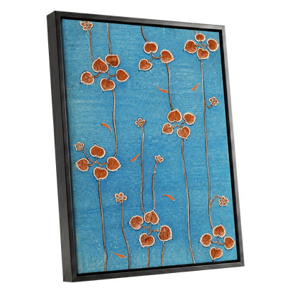 Amber Vine Reverie, blue, orange, brown floral wall art shown as a black framed canvas wall art