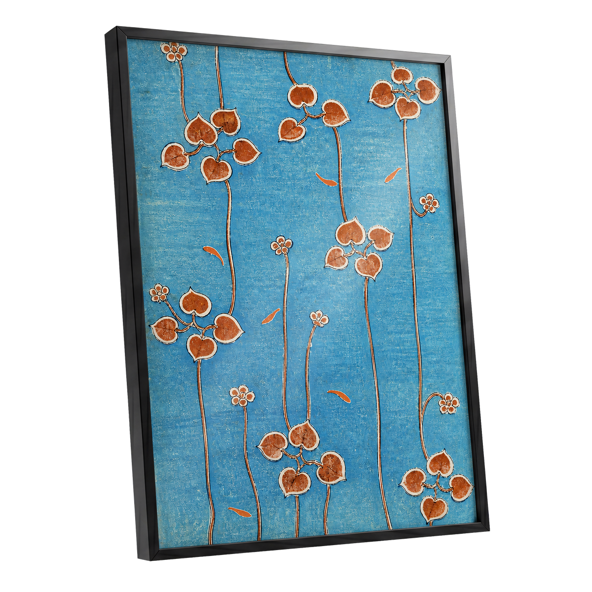 Amber Vine Reverie, blue, orange, brown floral wall art shown as a black framed poster wall art print