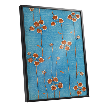 Amber Vine Reverie, blue, orange, brown floral wall art shown as a black framed poster wall art print