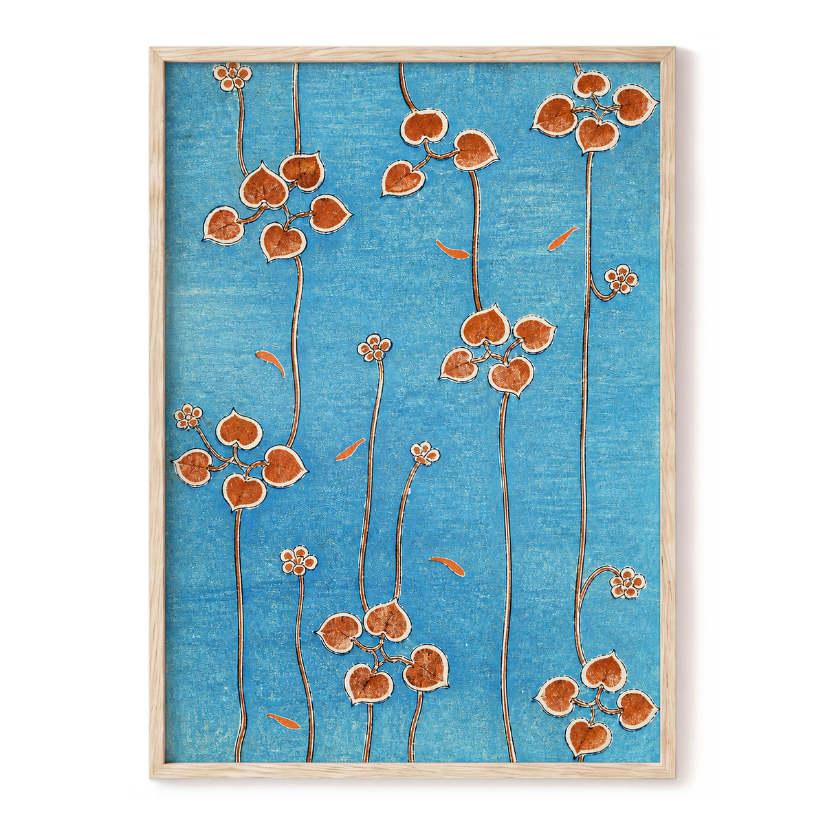 Amber Vine Reverie, blue, orange, brown floral wall art, front artwork view