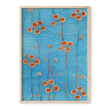 Amber Vine Reverie, blue, orange, brown floral wall art, front artwork view