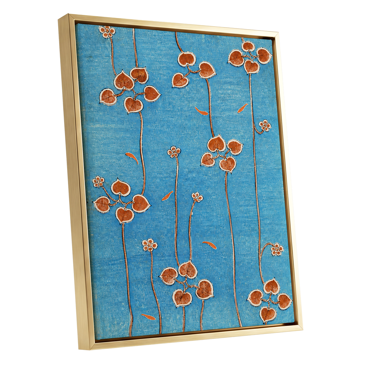 Amber Vine Reverie, blue, orange, brown floral wall art shown as a gold framed canvas wall art