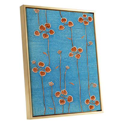Amber Vine Reverie, blue, orange, brown floral wall art shown as a gold framed canvas wall art