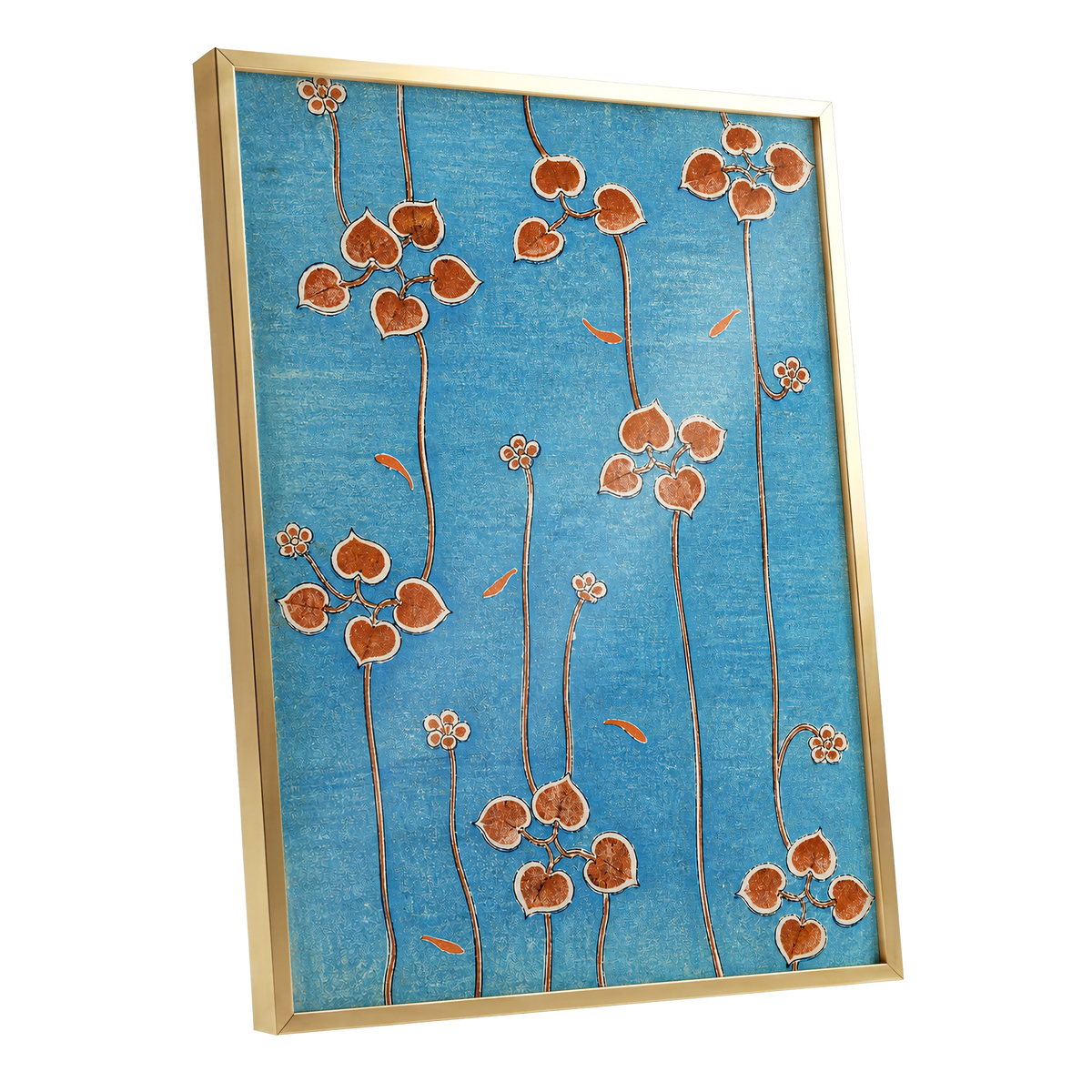 Amber Vine Reverie, blue, orange, brown floral wall art shown as a gold framed poster wall art print