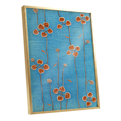 Amber Vine Reverie, blue, orange, brown floral wall art shown as a gold framed poster wall art print