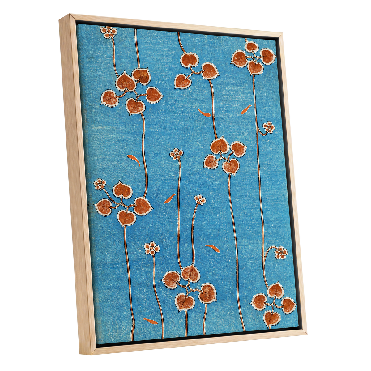 Amber Vine Reverie, blue, orange, brown floral wall art shown as a oak framed canvas wall art