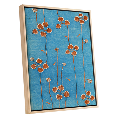 Amber Vine Reverie, blue, orange, brown floral wall art shown as a oak framed canvas wall art