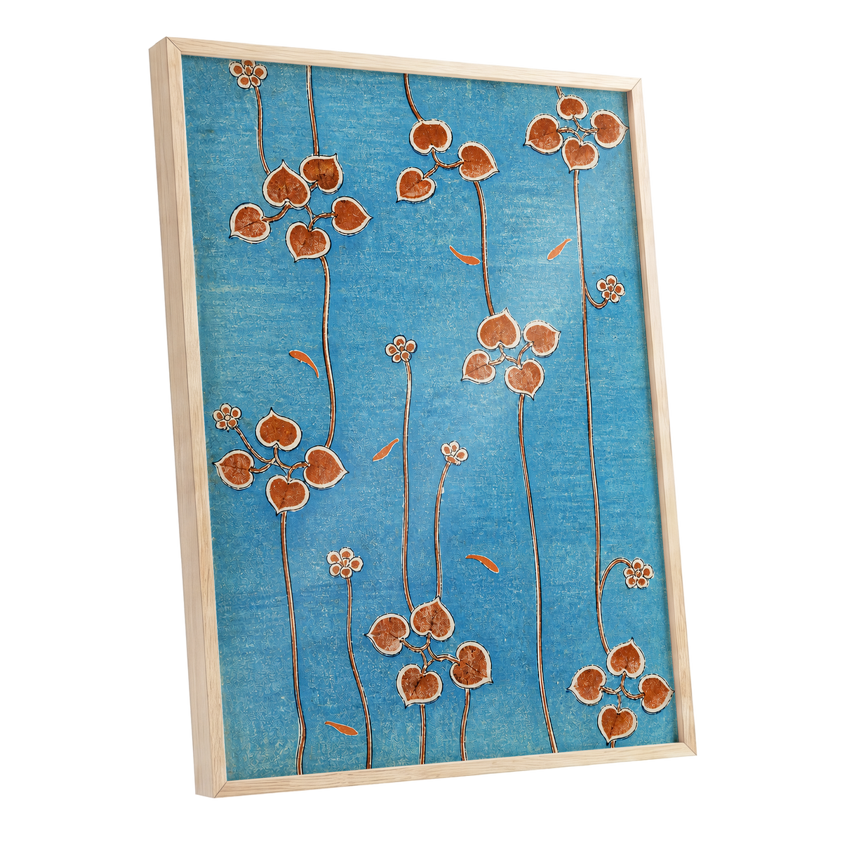 Amber Vine Reverie, blue, orange, brown floral wall art shown as a oak framed poster wall art print