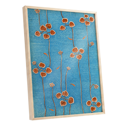 Amber Vine Reverie, blue, orange, brown floral wall art shown as a oak framed poster wall art print