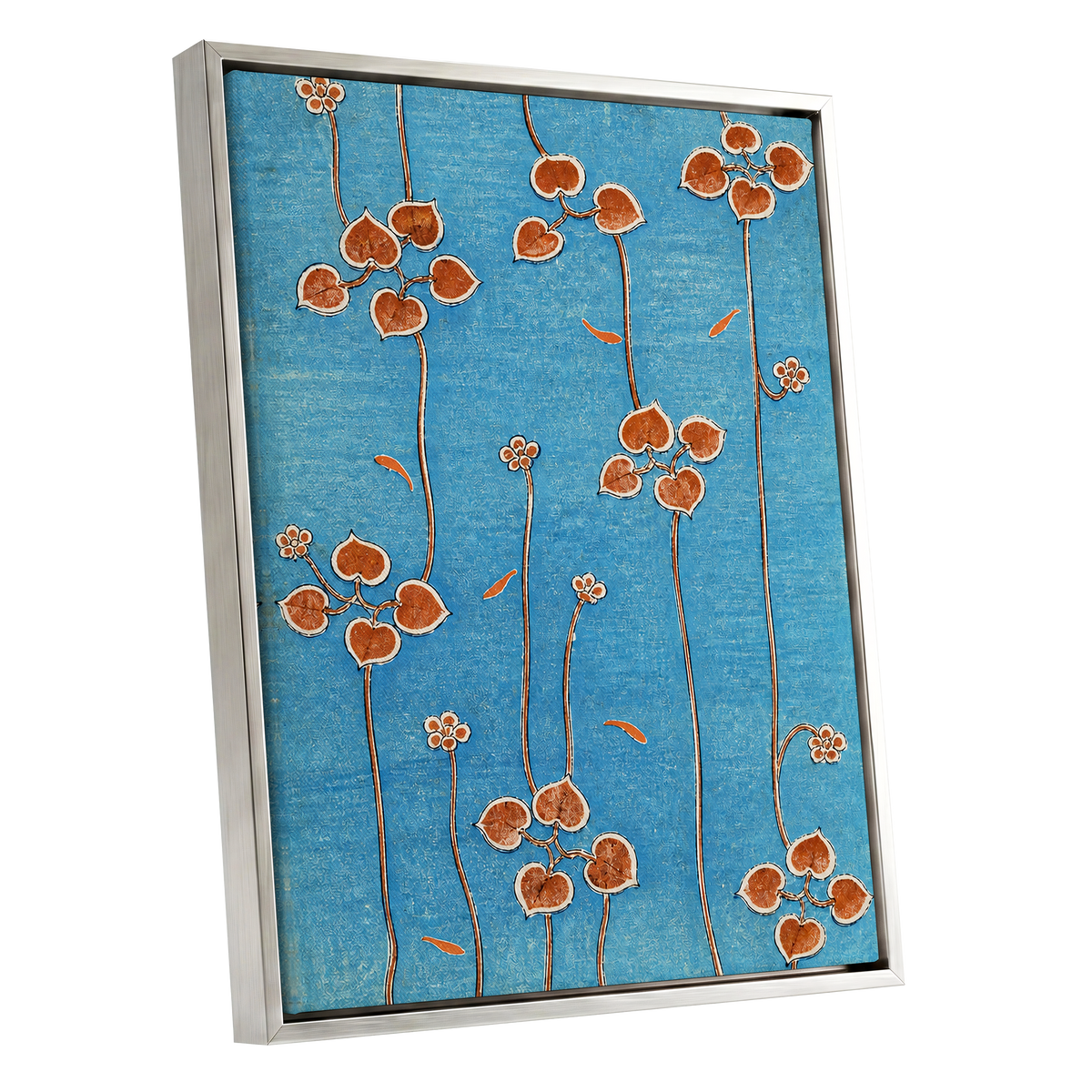 Amber Vine Reverie, blue, orange, brown floral wall art shown as a silver framed canvas wall art