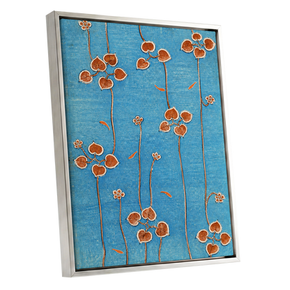 Amber Vine Reverie, blue, orange, brown floral wall art shown as a silver framed canvas wall art