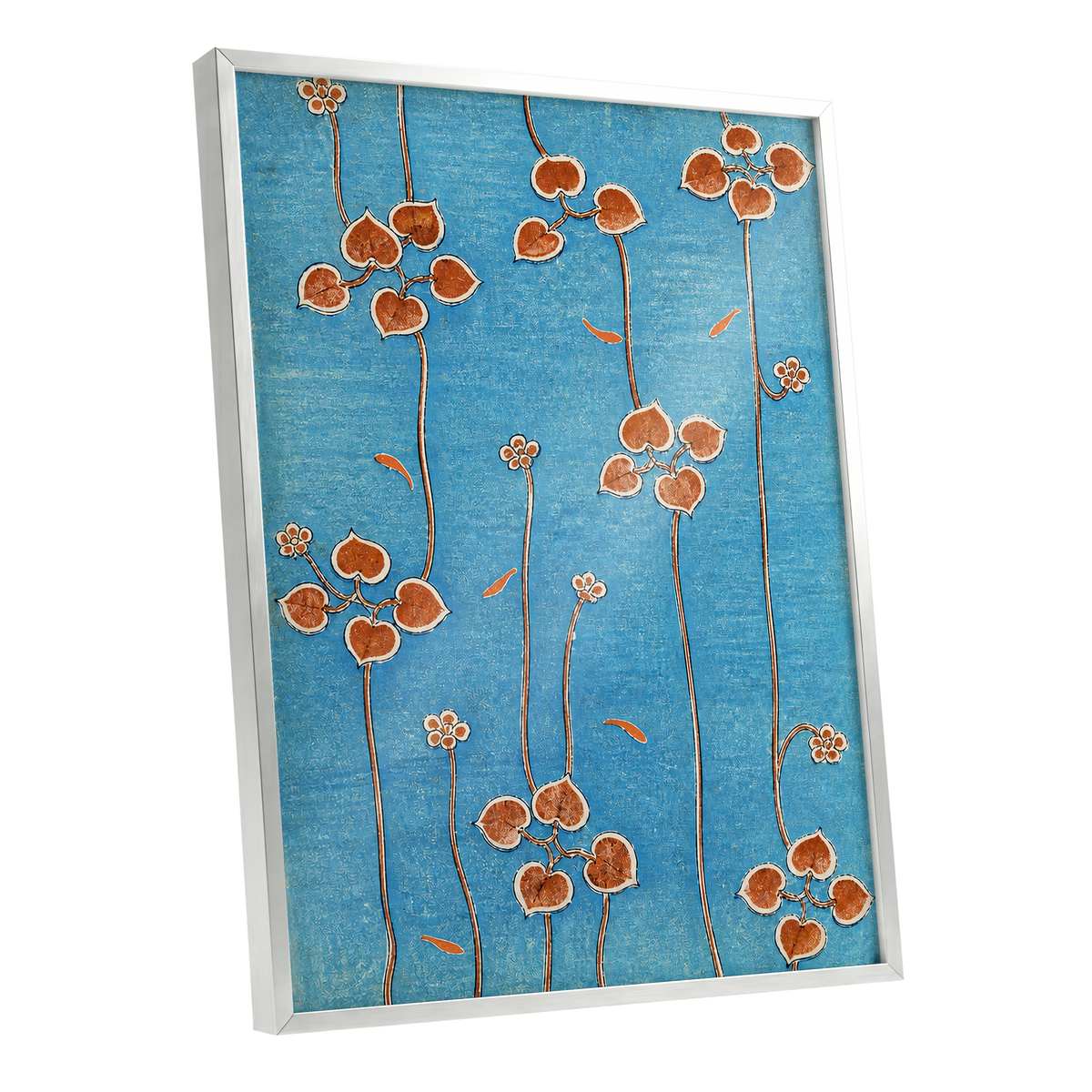 Amber Vine Reverie, blue, orange, brown floral wall art shown as a silver framed poster wall art print