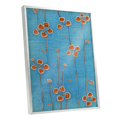 Amber Vine Reverie, blue, orange, brown floral wall art shown as a silver framed poster wall art print