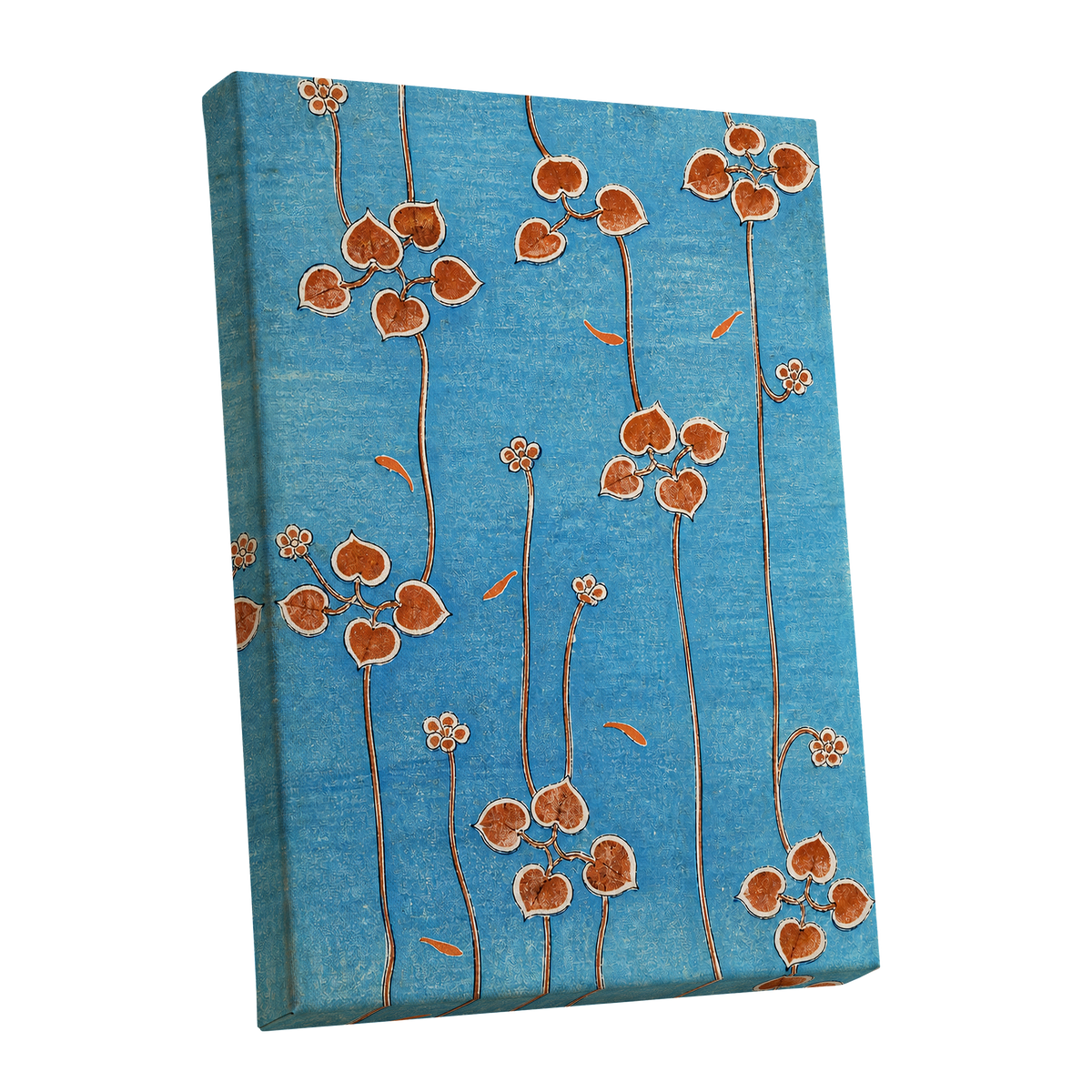 Amber Vine Reverie, blue, orange, brown floral wall art shown as a stretched canvas wall art