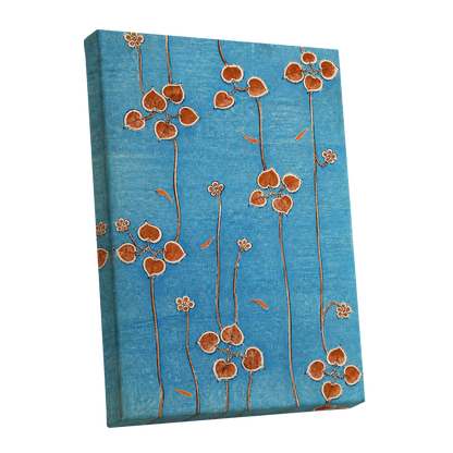Amber Vine Reverie, blue, orange, brown floral wall art shown as a stretched canvas wall art