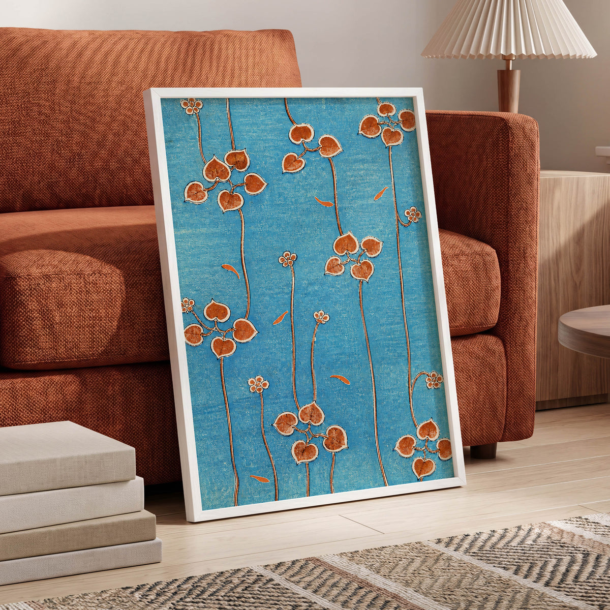 Amber Vine Reverie, blue, orange, brown floral wall art displayed in a styled interior, gallery view 2