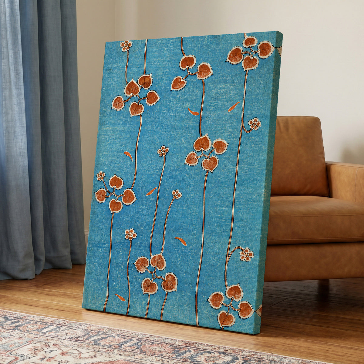 Amber Vine Reverie, blue, orange, brown floral wall art displayed in a styled interior, gallery view 3