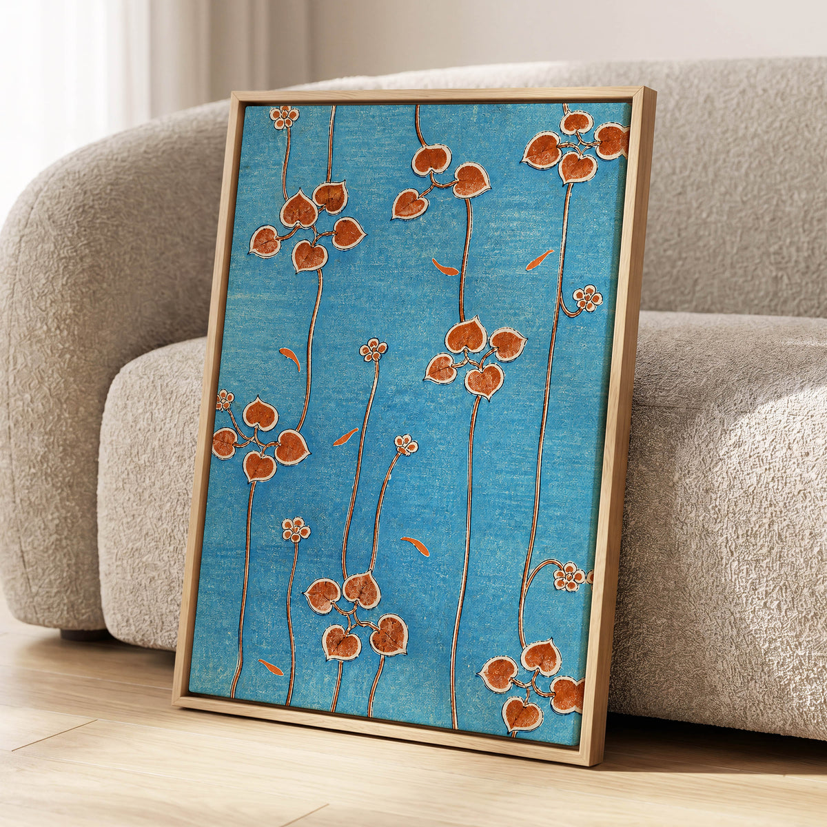 Amber Vine Reverie, blue, orange, brown floral wall art displayed in a styled interior, gallery view 4