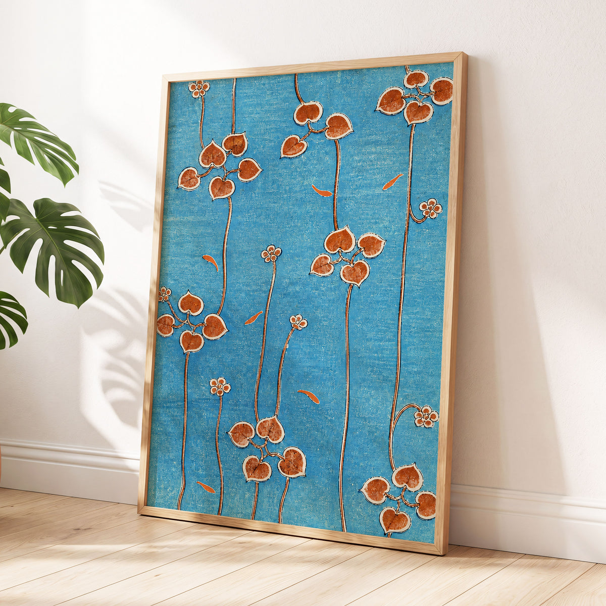 Amber Vine Reverie, blue, orange, brown floral wall art displayed in a styled interior, gallery view 6