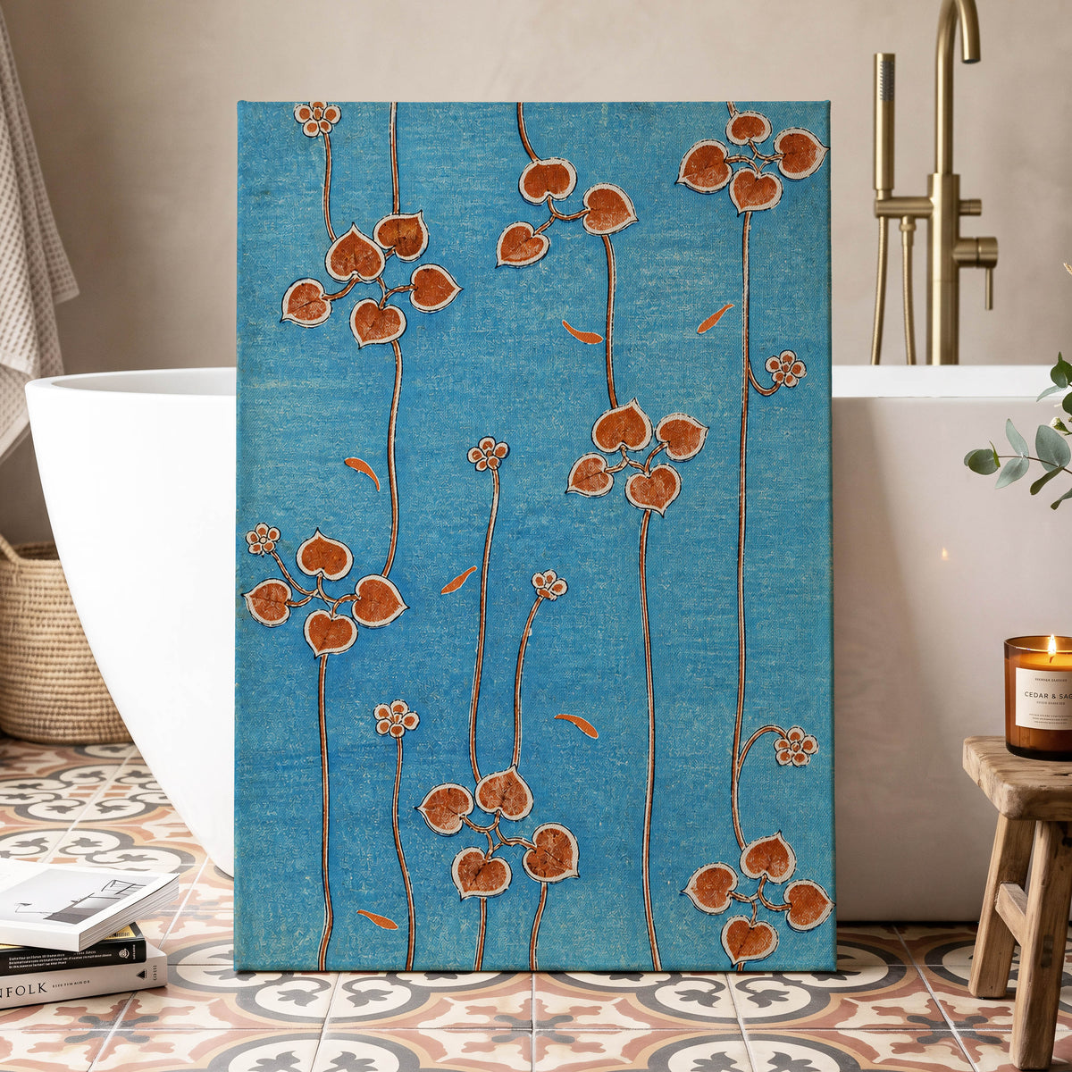 Amber Vine Reverie, blue, orange, brown floral wall art displayed in a styled interior, gallery view 7