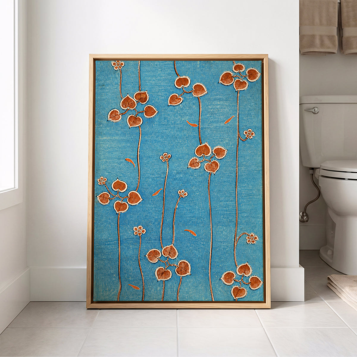 Amber Vine Reverie, blue, orange, brown floral wall art displayed in a styled interior, gallery view 8