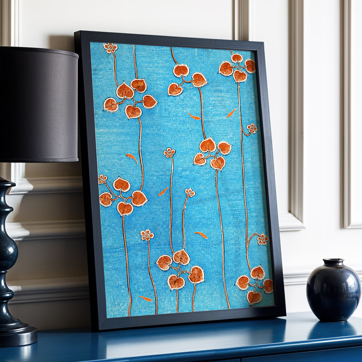 Amber Vine Reverie, blue, orange, brown floral wall art displayed in a styled interior, gallery view 9
