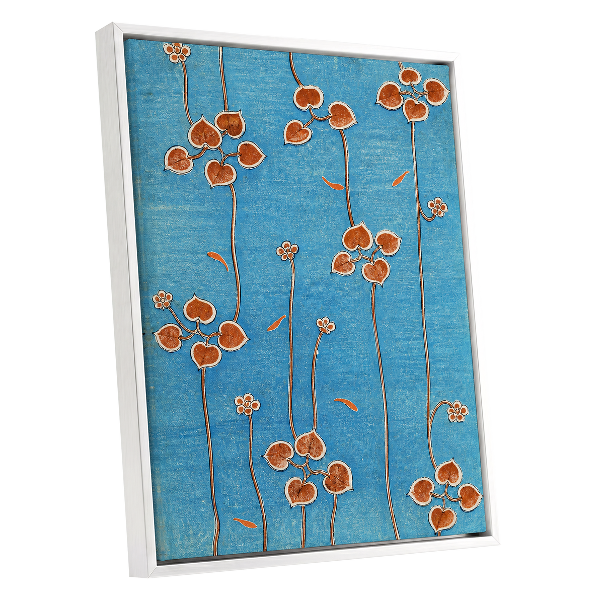 Amber Vine Reverie, blue, orange, brown floral wall art shown as a white framed canvas wall art