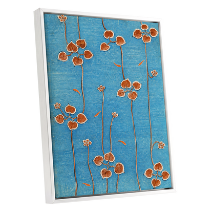 Amber Vine Reverie, blue, orange, brown floral wall art shown as a white framed canvas wall art