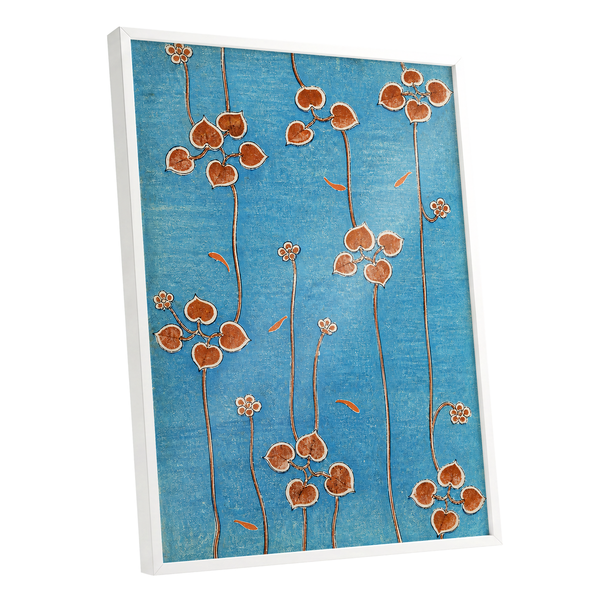 Amber Vine Reverie, blue, orange, brown floral wall art shown as a white framed poster wall art print