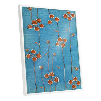 Amber Vine Reverie, blue, orange, brown floral wall art shown as a white framed poster wall art print