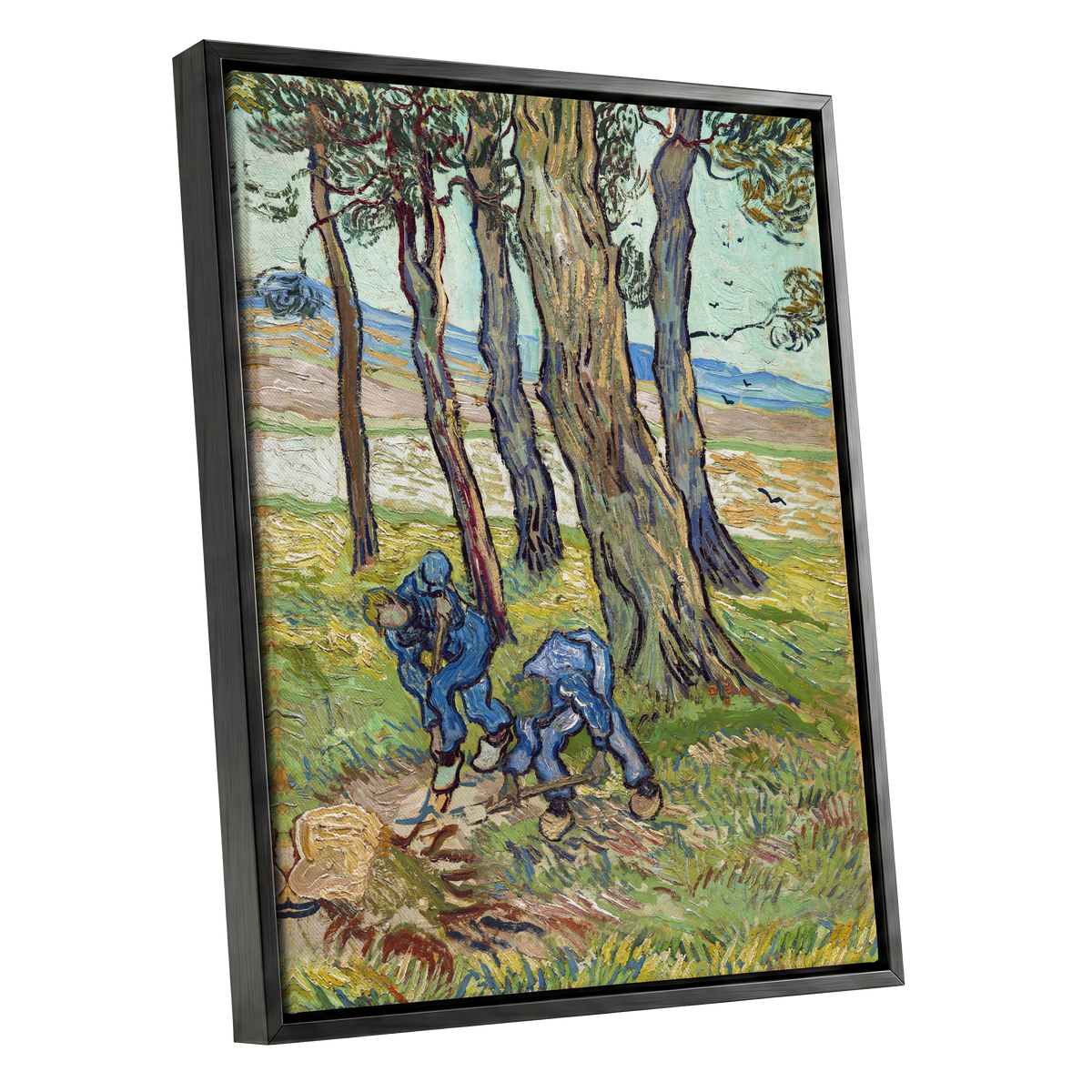 Among the Tall Trees, green, blue, brown nature wall art shown as a black framed canvas wall art