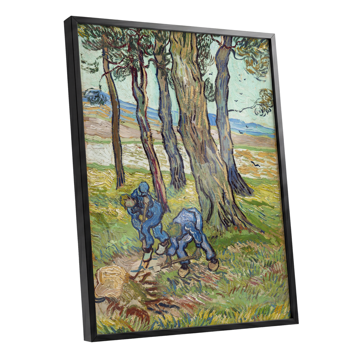 Among the Tall Trees, green, blue, brown nature wall art shown as a black framed poster wall art print