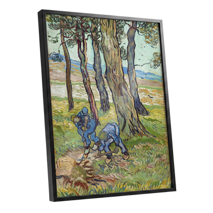 Among the Tall Trees, green, blue, brown nature wall art shown as a black framed poster wall art print