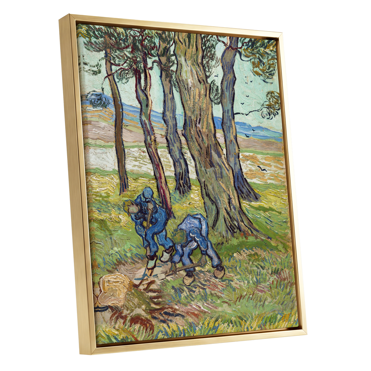 Among the Tall Trees, green, blue, brown nature wall art shown as a gold framed canvas wall art
