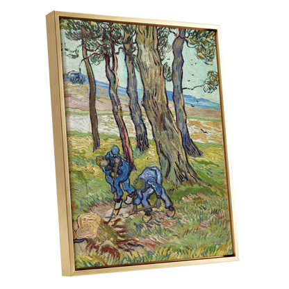 Among the Tall Trees, green, blue, brown nature wall art shown as a gold framed canvas wall art