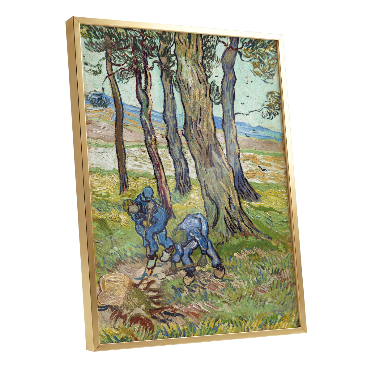 Among the Tall Trees, green, blue, brown nature wall art shown as a gold framed poster wall art print