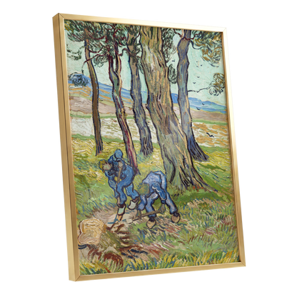 Among the Tall Trees, green, blue, brown nature wall art shown as a gold framed poster wall art print