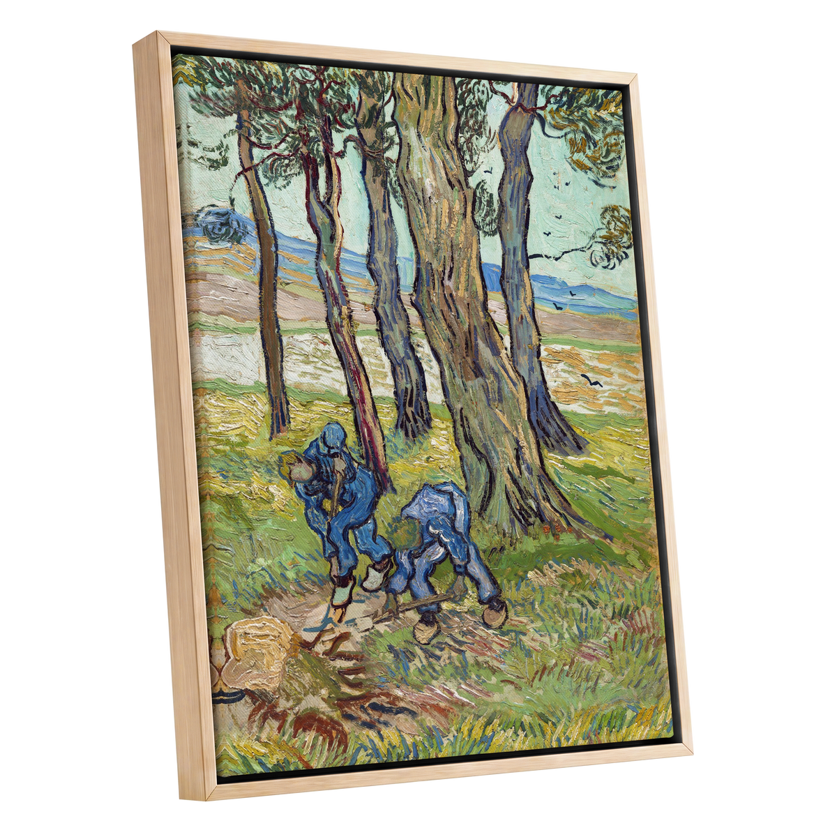 Among the Tall Trees, green, blue, brown nature wall art shown as a oak framed canvas wall art