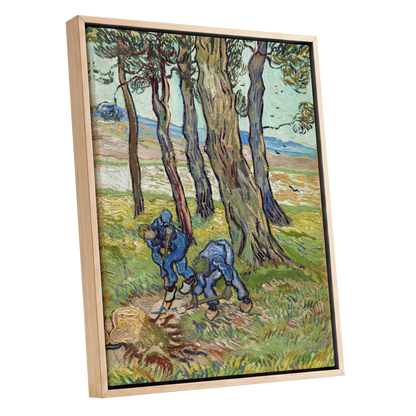 Among the Tall Trees, green, blue, brown nature wall art shown as a oak framed canvas wall art