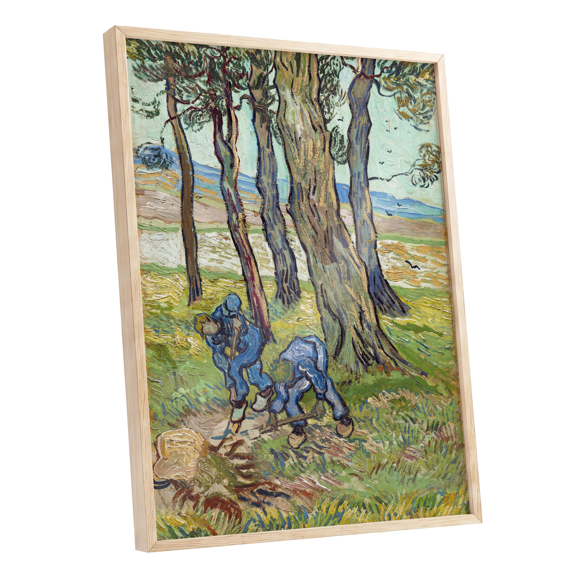 Among the Tall Trees, green, blue, brown nature wall art shown as a oak framed poster wall art print