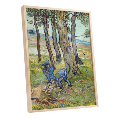 Among the Tall Trees, green, blue, brown nature wall art shown as a oak framed poster wall art print