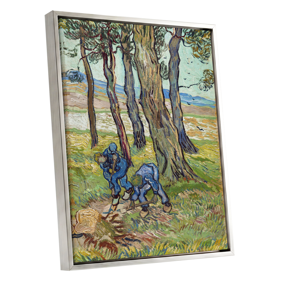 Among the Tall Trees, green, blue, brown nature wall art shown as a silver framed canvas wall art