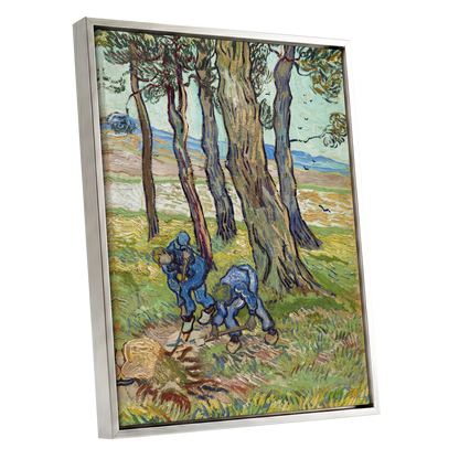 Among the Tall Trees, green, blue, brown nature wall art shown as a silver framed canvas wall art