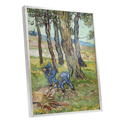 Among the Tall Trees, green, blue, brown nature wall art shown as a silver framed poster wall art print