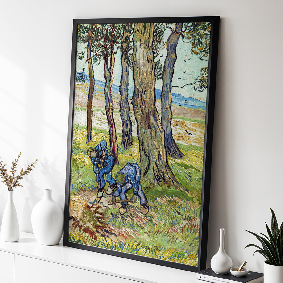 Among the Tall Trees, green, blue, brown nature wall art displayed in a styled interior, gallery view 2